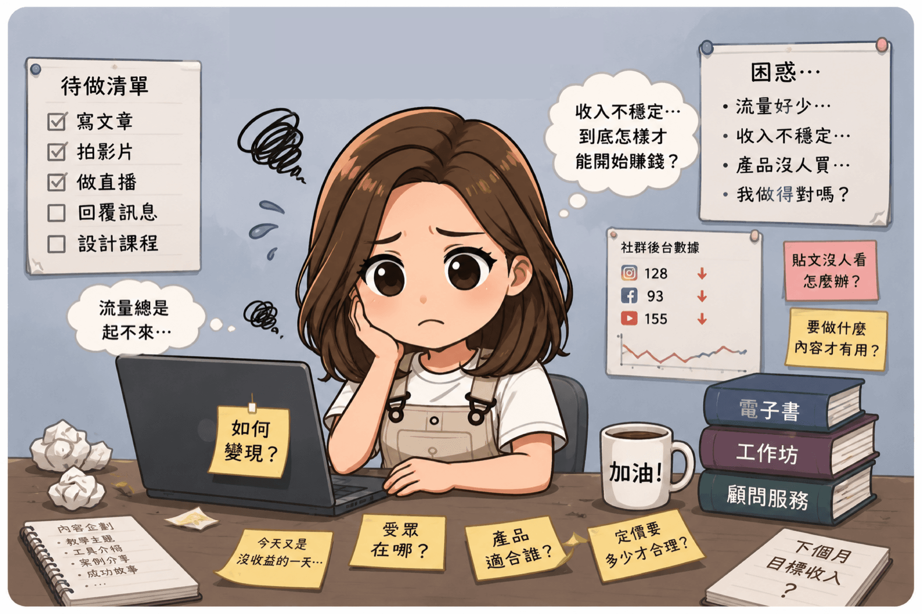 Winky 在流量與收入不穩定時持續嘗試內容創作的插畫