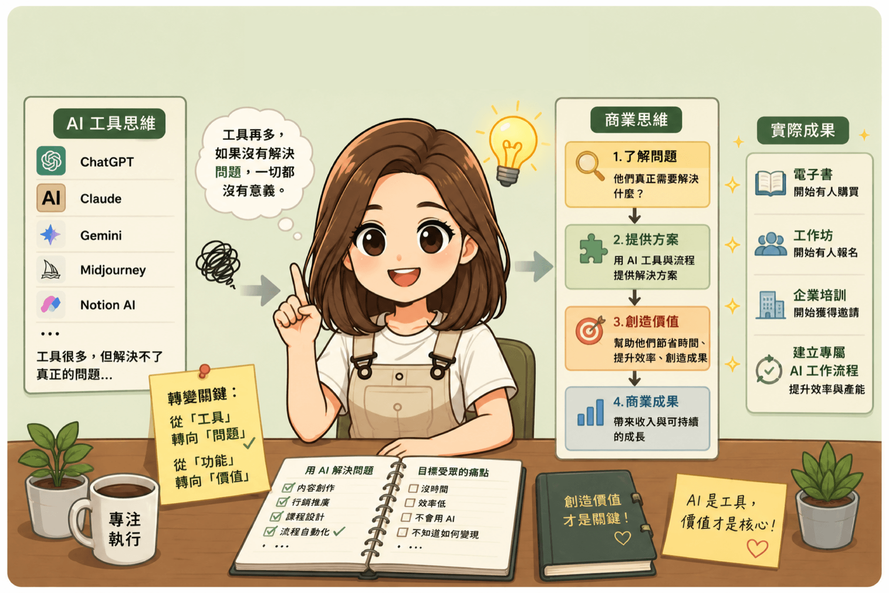 Winky 從 AI 工具思維轉向以解決問題和創造價值為核心的商業思維插畫