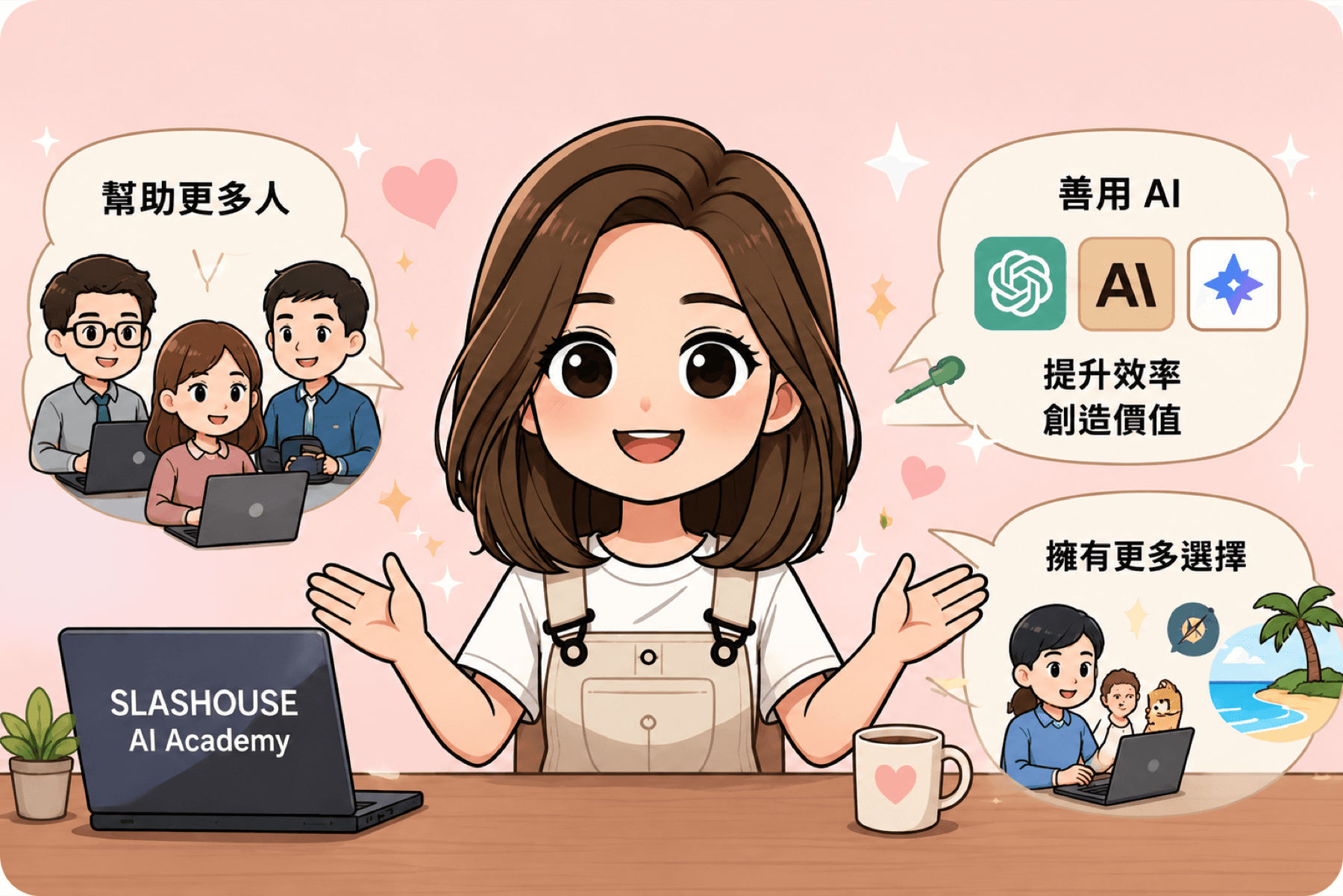 Winky 透過 SLASHOUSE AI Academy 幫助更多人善用 AI、提升效率與創造價值的插畫
